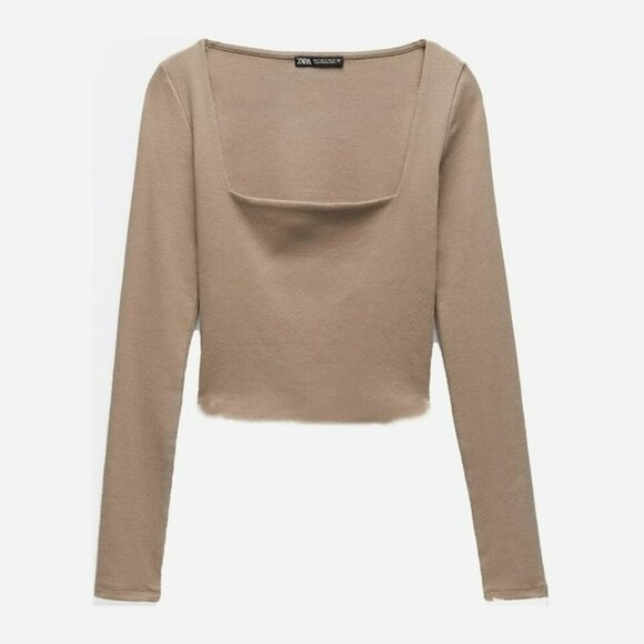 2/$30 Zara Tan Caramel Square Neckline Ribbed Crop Top Long Sleeves Size Large - Picture 2 of 14
